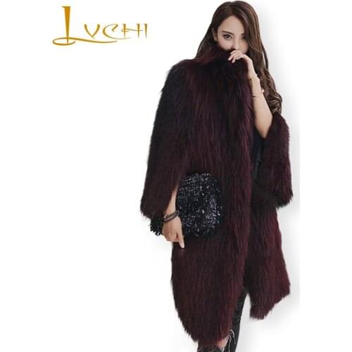 LVCHI Winter 2019 Long Sleeve Real Fox Fur Coats V-Neck Slim Real Natural Fox Fur Coat Womens Wine Red Causal Medium Fox Coats