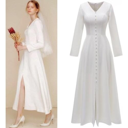 #1203 Real Photos Simple Empire Elegant V Neck Long Sleeve Soft Satin Ankle Length A-Line Slit Wedding Dress Bridal Gowns