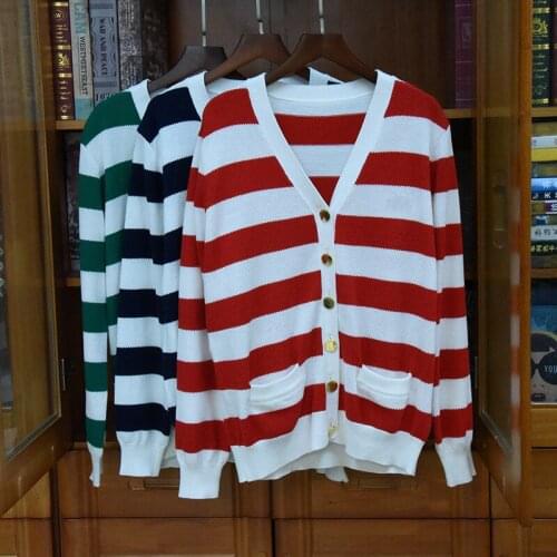 2021 Autumn Womens High quality 100%Cotton V-neck Stripe cardigans Korean style loose women knitted coat C311