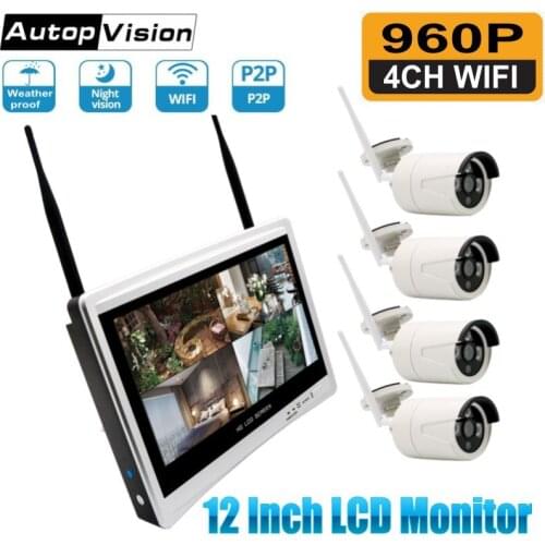 4CH 960P H.265 Wireless NVR Wifi Security Camera System 12" Monitor WIFI NVR Kits Outdoor CCTV IP Camera Video Surveillance Kit