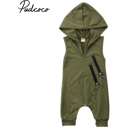 Brand 2019 Sleeveless Newborn Baby Boys Girls Casual Hooded Romper Jumpsuit Outfit Clothes Zipper Type Army Green Kid Clothes