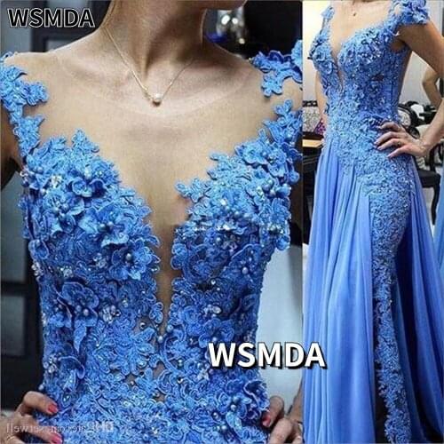 Blue Lace Appliques Mother of the Bride Dresses Illusion Pearls Beading Formal Godmother Evening Wedding Party Guests Gown Plus
