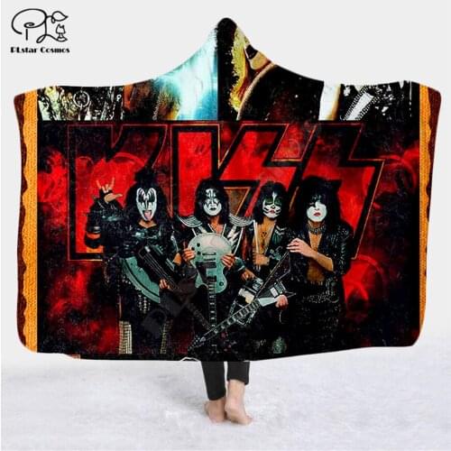 Classic Kiss 3D printed Hooded Blanket Adult child Sherpa Fleece Wearable Blanket Halloween Warm Decoration Style-3