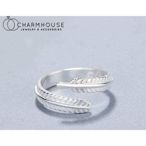 Pure Silver Finger Rings For Women Feather Open Ring Anillo Bague Femme Trendy Jewelry Accessories Bijoux Party Gifts