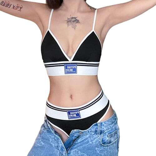 Womens Bra Panty Set 2pc Contrasting Color Letter Embroidered Spaghetti Strap Bra + High Waist Elastic Panties Female Lingerie