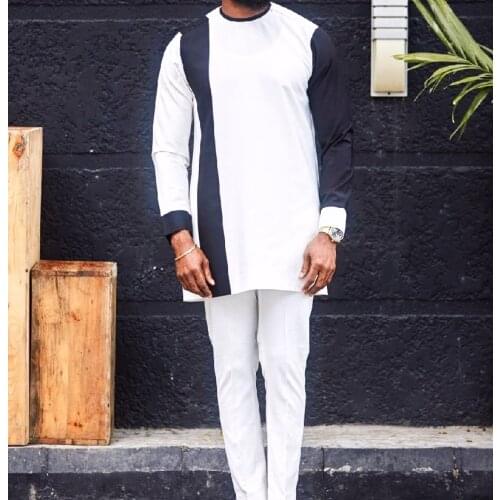 Nigerian Style Patchwork Mens Shirts+Pant Sets Customized African Fashion Black/White Tops+ Solid Trousers