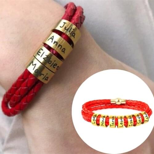 Custom Women Mens Bracelets Stainless Steel Bead Charm Bracelets Genuine Leather Braided Rope For Femme Personalise 1-9 Name