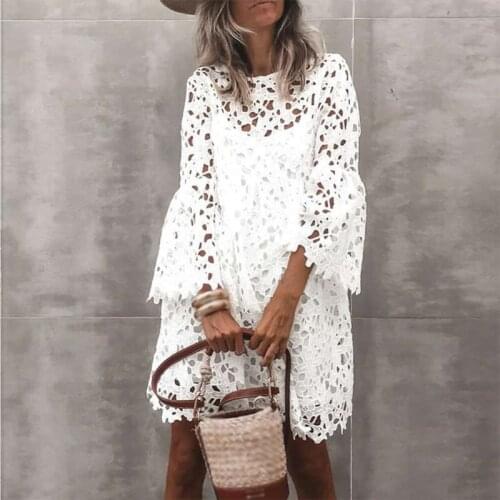 Spring Summer Round Neck Lace Dress Long Sleeve Hollow Dress Fashion Beach Dress Vestidos
