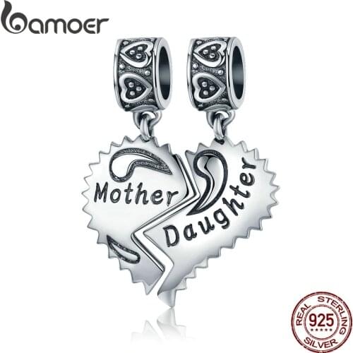 BAMOER 100% 925 Sterling Silver Mother and Daughter Love Forever Pendant Charms fit Bracelets Necklace Jewelry Making SCC427