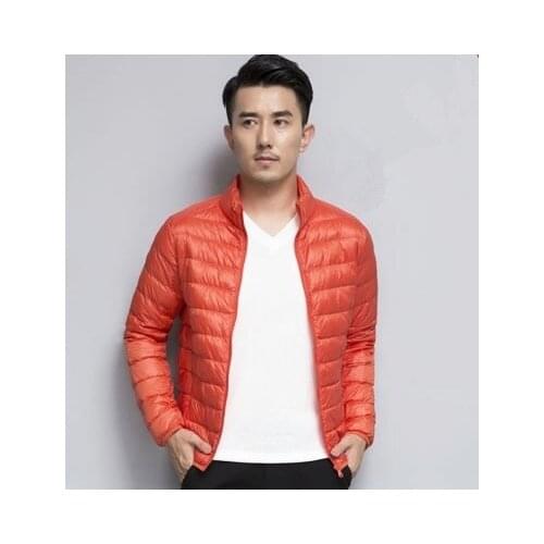 Outdoor mens thin light down jackets Autumn Winter mens Stand collar&hooded White duck down hiking coat Solid color warm coats