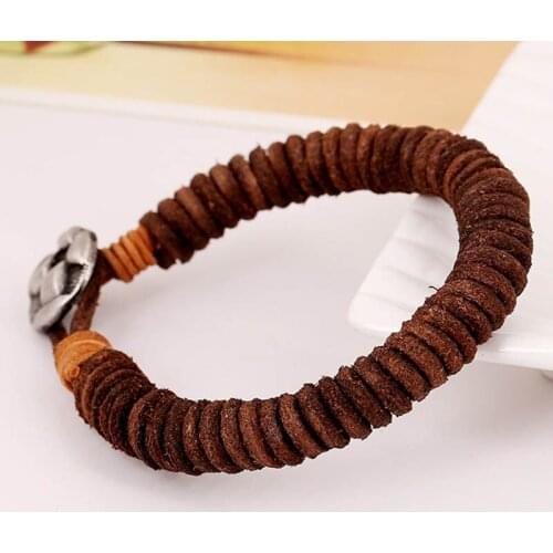 European Simple Genuine Leather Rope Bracelets 22cm Man Hand-woven Vintage Jewelry Bangles Casual Wristband Wrap Bangles Male