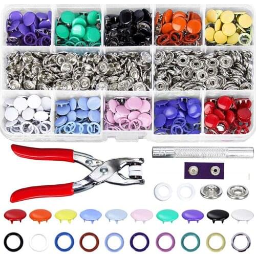Snap Fastener Kit Metal Snap On Buttons Set Press Studs for Shirt Skirt Jacket Jeans Bags Repair&Decoration with 4 Fixing Tools