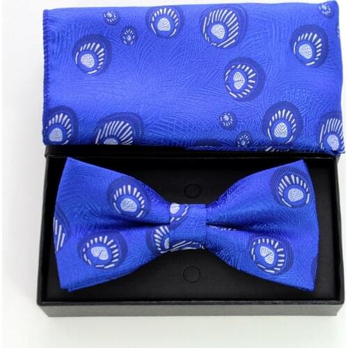 GUSLESON Silk Peacock Bow Tie Set Red Blue Green Bowknot for Men Wedding Business Formal Leisure Gift Bowtie and Pocket Square