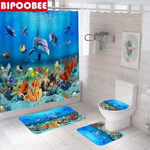Summer Blue Ocean Underwater World Shower Curtain Set with Hooks Dolphin Fish Sea Bath Mats Toilet Cover Bathroom Curtains