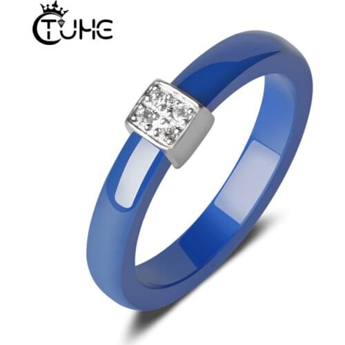 Never Fade Blue Ceramic Rings With Bling Crystal Rhinestone Smooth Cozy Women Finger Rings Engagement Wedding Gift