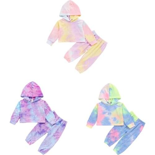 New 1-4Years Kids Baby Girls Tid-dye Hooded Long Sleeve Top + Pants Autumn Sports Clothing Set