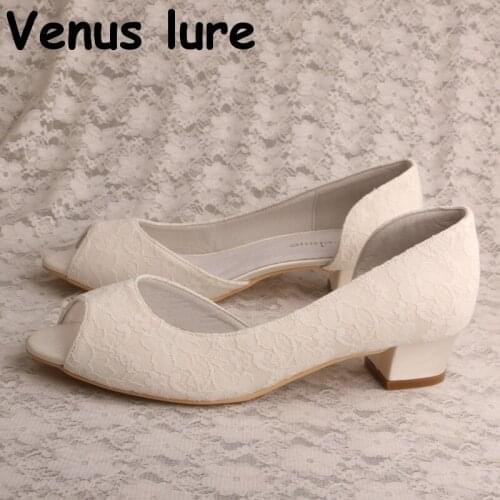 Customized Mother of Bride Shoes Ivory Lace Chunky Heel Peep Toe Wedding Shoes