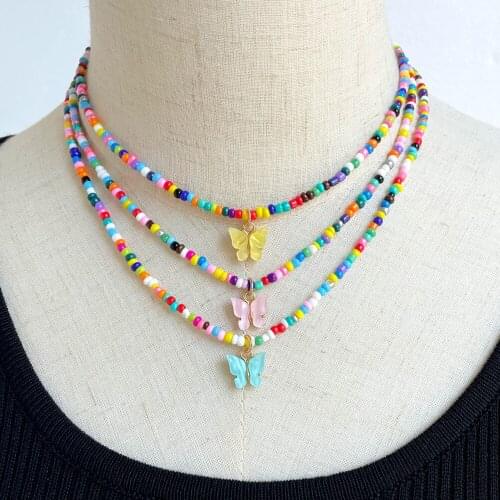 Handmade Colorful Butterfly Beaded Necklace For Women Jewelry Wholesale Rainbow Acrylic Resin String Bead Sweet Pendant Choker