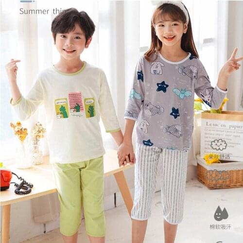 Boys Girls Pajamas Three Quarter Sleeve Childrens Clothing Sleepwear Cotton Cartoon Pyjamas Sets for Kids 2-15 Years Pijama Set