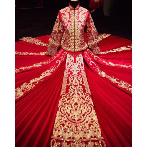 FZSLCYIYI Bride Dress Wedding Dress Retro Dress Chinese Cheongsam Dress The Bride Toast Clothing Long Section Marriage Sets