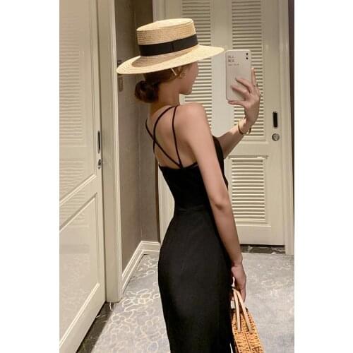Summer Women Spaghetti Strap Party Dress Sexy Split Solid Slim Lady Below the knee Fashion Length Vintage Wear Dresses 2021New
