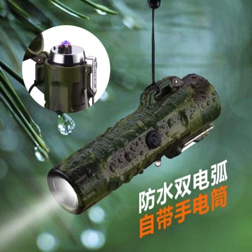 Flashlight USB plasma lighter Cigarette lighter Camouflage Lighter Waterproof windproof double arc For man Camping Smoking gift