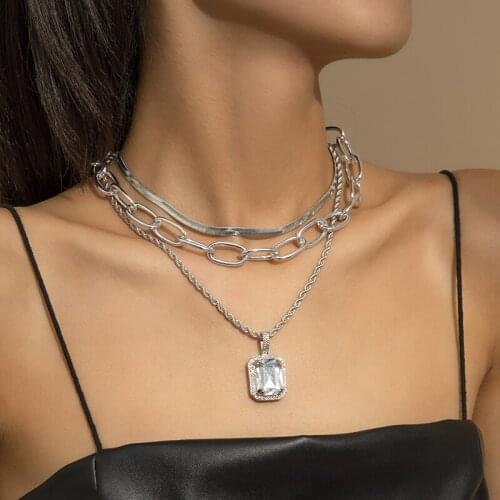 GSOLD Simple Square Rhinestone Pendant Necklace Punk Multilayer Twist Chain Flat Snake Chain Cross Chain Women Necklace Jewelry