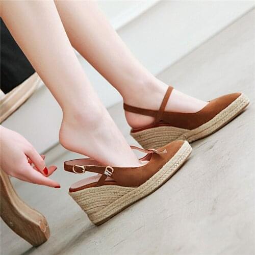 YMECHIC Weaving Design Wedge Heels Slingbacks Mary Jane Shoes Platforms Flock Brown Black Beige Summer 2019 Slingbacks Pumps