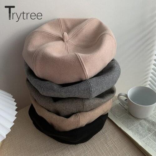 Trytree 2021 Spring Autumn Women Hats Casual British Retro Caps Tweed Blends Solid 5 Colors Sweet Berets Fashion Lady Hat