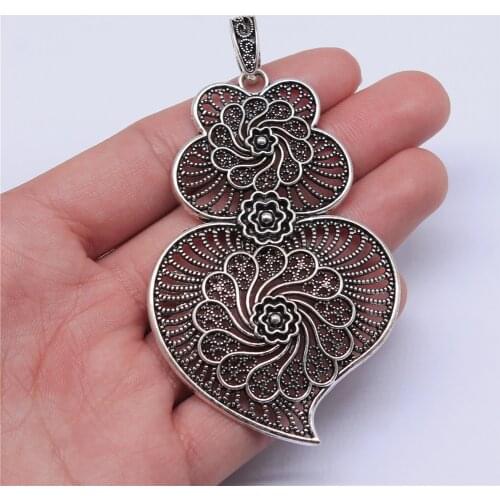 WYSIWYG 1pcs 90x50mm Filigree Big Flower Heart Charm For Jewelry Making Carved Heart Flower Pattern Charm