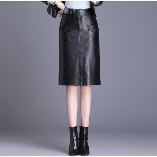 Spring Autumn Women Pu Leather Knee Length Skirt Package Hip Large Size Female Leather Skirt High Waist Skinny Saias 4Xl K1236