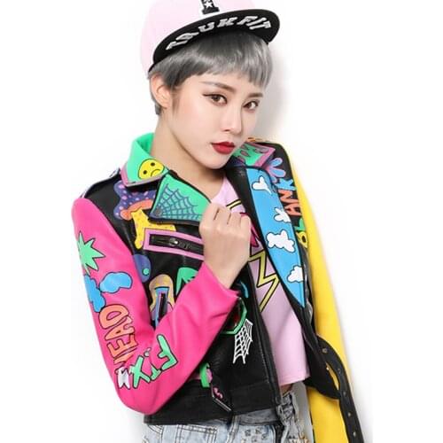 Rock Punk Jacket Leather Women Zipper Rivet Designer Short Cropped Metal Graffiti Faux Leather Jacket Woman Motorcycle PU Tops