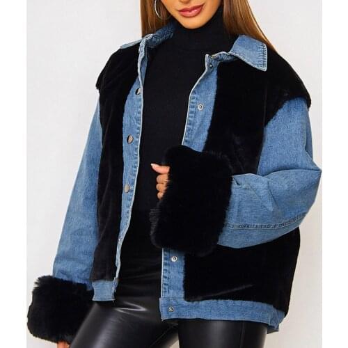 Women Winter Long Sleeve Faux Denim Jacket Vintage Lapel Single Breasted Coat Thicken Warm Plush Lined Loose Outerwear Jacket