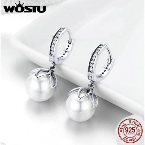WOSTU European Freshwater Pearls Drop Earrings 925 Sterling Silver Zircon Earrings For Women Wedding Korean Fine Jewelry FIE482