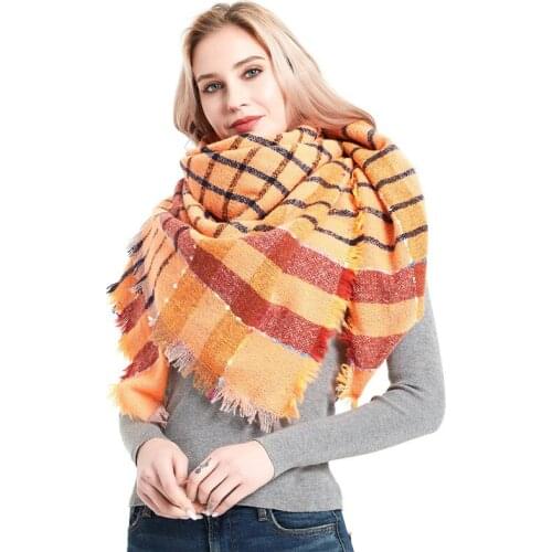 2021 autumn winter ladies Shawls Wraps, new fashion orange bristles plaid scarf warm scarves for ladies 135cmx135cm