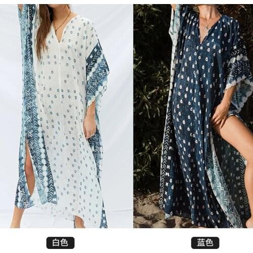 2021 Plus Size Printing Summer Beachwear Chiffon Kaftan Beach Dress Woman Tunic Robe Plage Swim Wear Bikini Cover Up