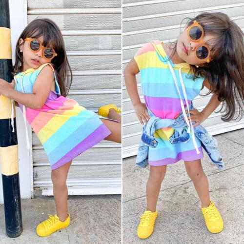 Pudcoco 2020 Kids Baby Girl Summer Sleeveless Rainbow Striped Dress Outfit Sunsuit Clothes