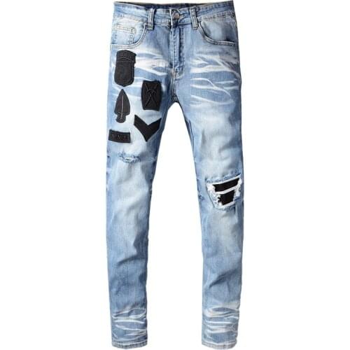 Large Size 28-40 Fashion Streetwear Mens badge embroidery ripped slim fit Designer Printed denim Pants Slim Fit Jeans Male