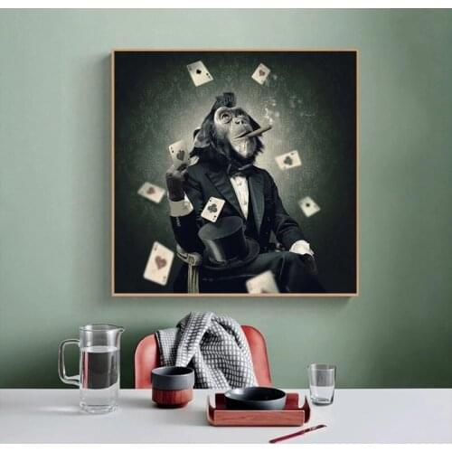Smoking Gorilla Canvas Paintings Wall Art Cool Monkey Animals Ape Playing Cards Posters and Prints Wall Pictures for Home Decor