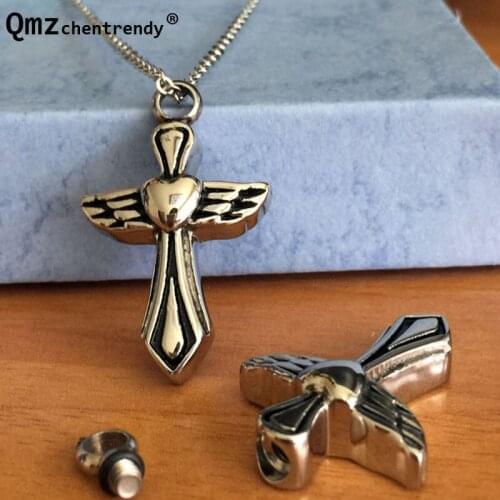 Stainless Steel Cremation Funeral Cross Pendants Jewelry Angel Heart Ash Urn Pendant Memorial Keepsake Urn Pet Necklace Jewelry