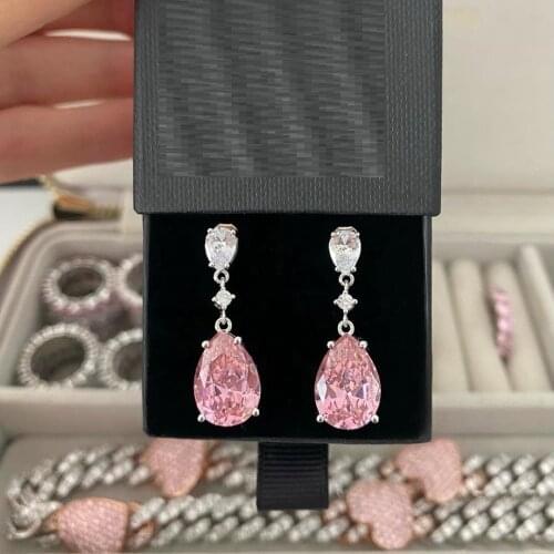 Summer fashion Geometric Water Drop Pear Shaped white Pink Clear CZ Charm Dangle Earrings Women Girl Engagement Wedding Jewelry