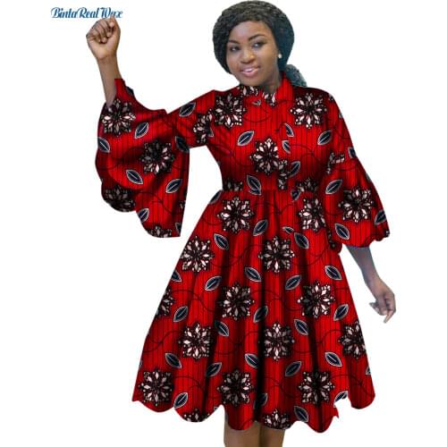 Fashion African Print Dresses for Women Bazin Riche Lovely Ruffles Sleeve Red Dress Traditional African Women Clothing WY3222