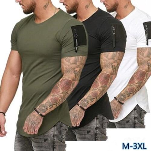 New mens plus size short-sleeved T-shirt with personalized zipper pocket design on the shoulder round neck t shirt