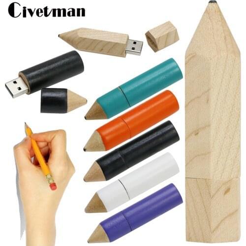 Pendrive Cartoon Wooden Stationery Pencil USB Flash Drive 8GB 16GB 32GB 64GB 128GB 256GB Pen Drives Memory Stick Student Gifts