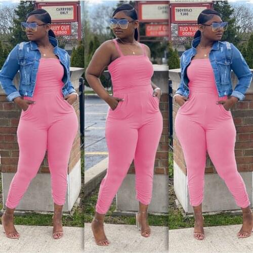 Casual Spaghetti Strap Jumpsuit Women Summer Sexy Off the Shoulder Pockets Stacked Pants Slim Jumpsuit Overalls for Women