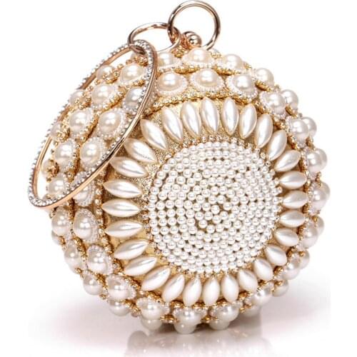 Luxury Pearl Circular Small Handbags Women Chic Handmade Beaded Evening Clutch And Purse Female Round Shoulder Bag Dinner Party