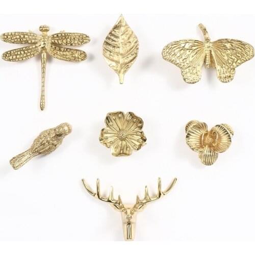 Pure Copper Dragonfly Handles Golden retro brass butterfly orchid handle wardrobe cabinet shoe drawer pulls cabinet door handle