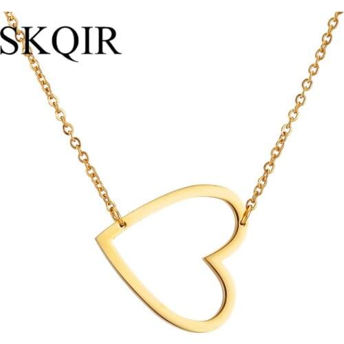 SKQIR Simple Hollow Heart Necklaces For Women Stainless Steel Heart Shape Pendant Necklace Gift Choker Jewelry Gold Color Chain