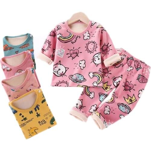 New Girls Boys Thermal Underwear Autumn Winter Plus velvet Christmas Outfit Kids Clothes Suit Baby Children Warm Clothing1-6Y