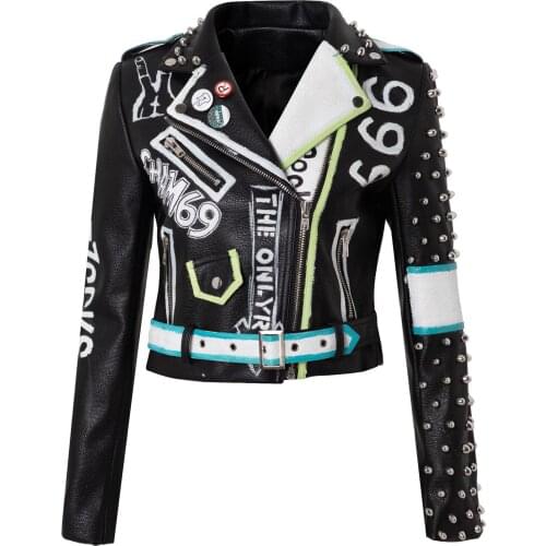 Spring and Autumn Women Punk Rock Leather Jacket with Belt Rivet Funny Printing Clowns Graffiti Motor Biker Clothing